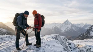 Professional certified mountain guide securing a safety rope for a trekker on a glacier at sunrise, symbolizing expertise and trust in high-altitude adventure travel