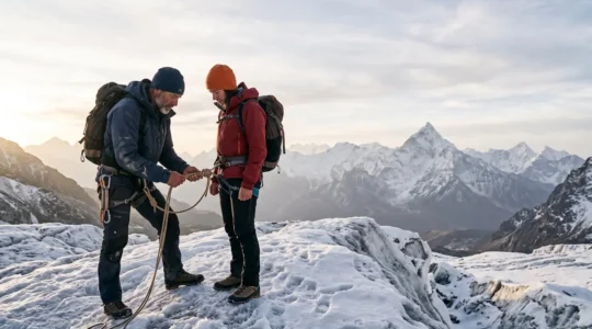 Professional certified mountain guide securing a safety rope for a trekker on a glacier at sunrise, symbolizing expertise and trust in high-altitude adventure travel