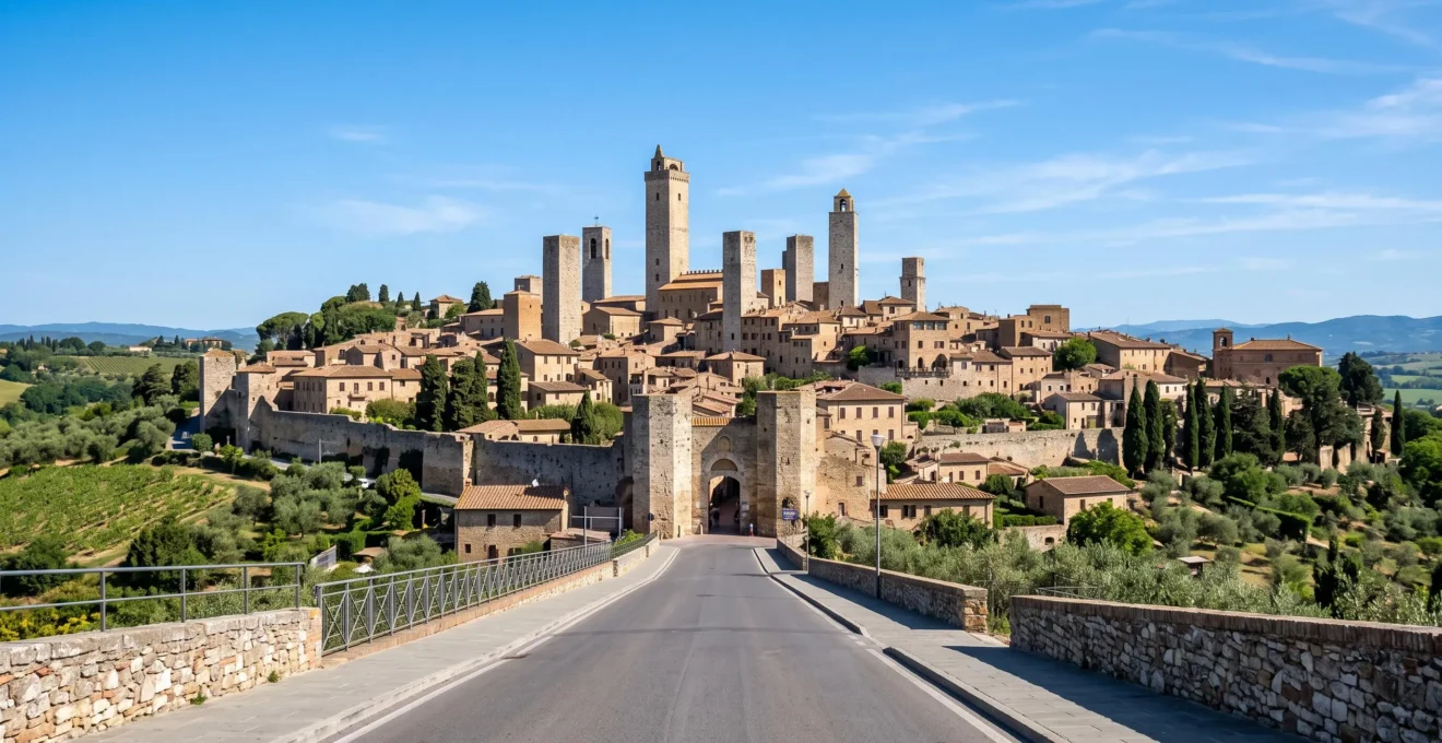 Wide-angle view of Siena's Piazza del Campo showing the distinctive shell-shaped square surrounded by terracotta buildings under a clear blue Italian sky