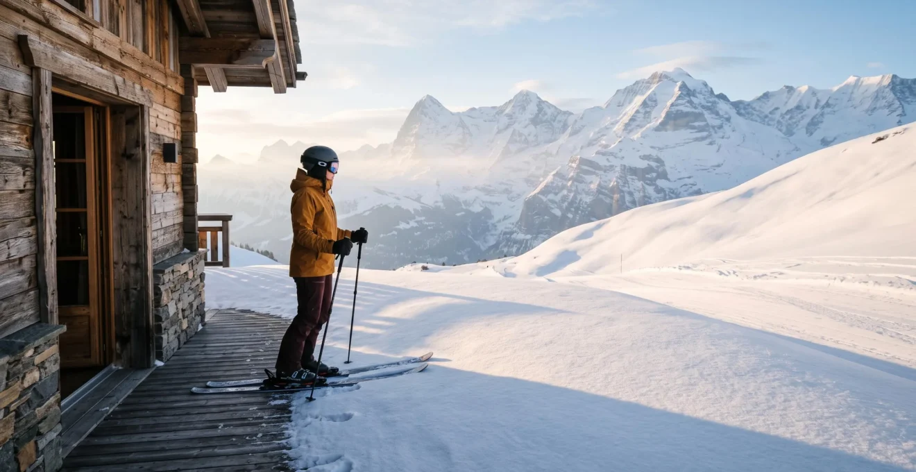 A skier stepping directly from a mountain chalet deck onto a snowy slope at golden hour, illustrating the ski-in/ski-out concept