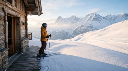 A skier stepping directly from a mountain chalet deck onto a snowy slope at golden hour, illustrating the ski-in/ski-out concept