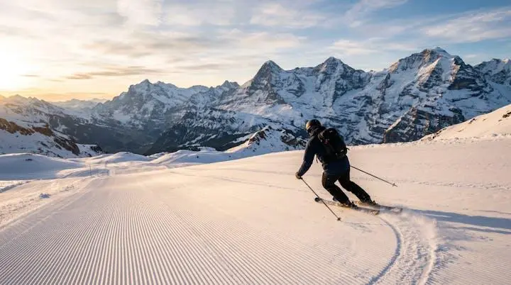 Skier carving clean turns down a wide groomed piste at sunrise, leaving thin arced tracks in the corduroy snow