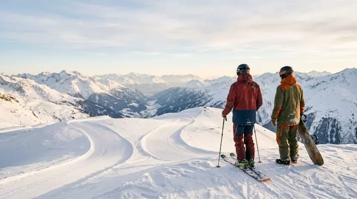 A skier and a snowboarder pausing side by side at a mountain overlook, symbolizing two paths of long-term progression