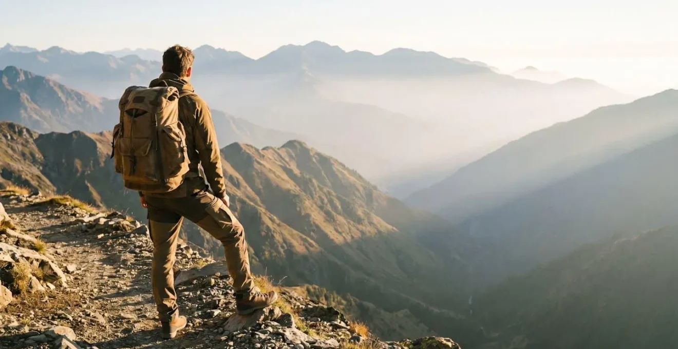 A lone trekker pausing on a high mountain trail, backpack on, looking toward a distant misty peak at sunrise