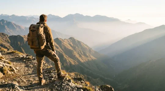 A lone trekker pausing on a high mountain trail, backpack on, looking toward a distant misty peak at sunrise