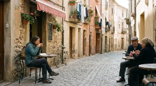 A traveller sitting at a small outdoor café table in a lived-in city neighbourhood, blending into the daily rhythm of local life