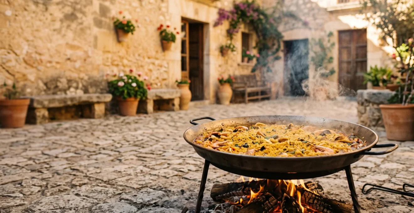 A rustic pan of a regional stewed rice dish cooking over an open wood fire, steam rising, in a sun-drenched outdoor courtyard.