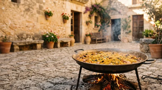 A rustic pan of a regional stewed rice dish cooking over an open wood fire, steam rising, in a sun-drenched outdoor courtyard.