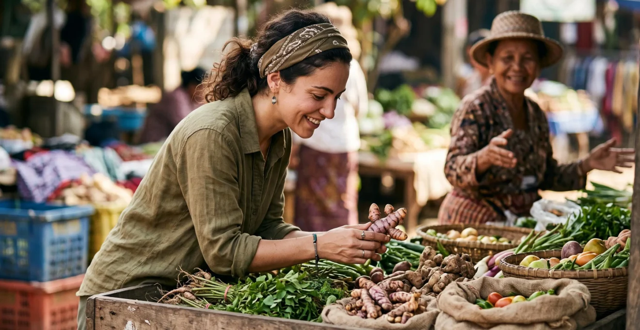 A traveler closely examining an unfamiliar pile of fresh regional vegetables at an open-air market stall