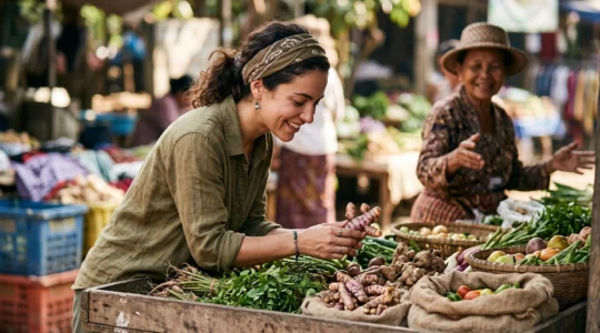 A traveler closely examining an unfamiliar pile of fresh regional vegetables at an open-air market stall