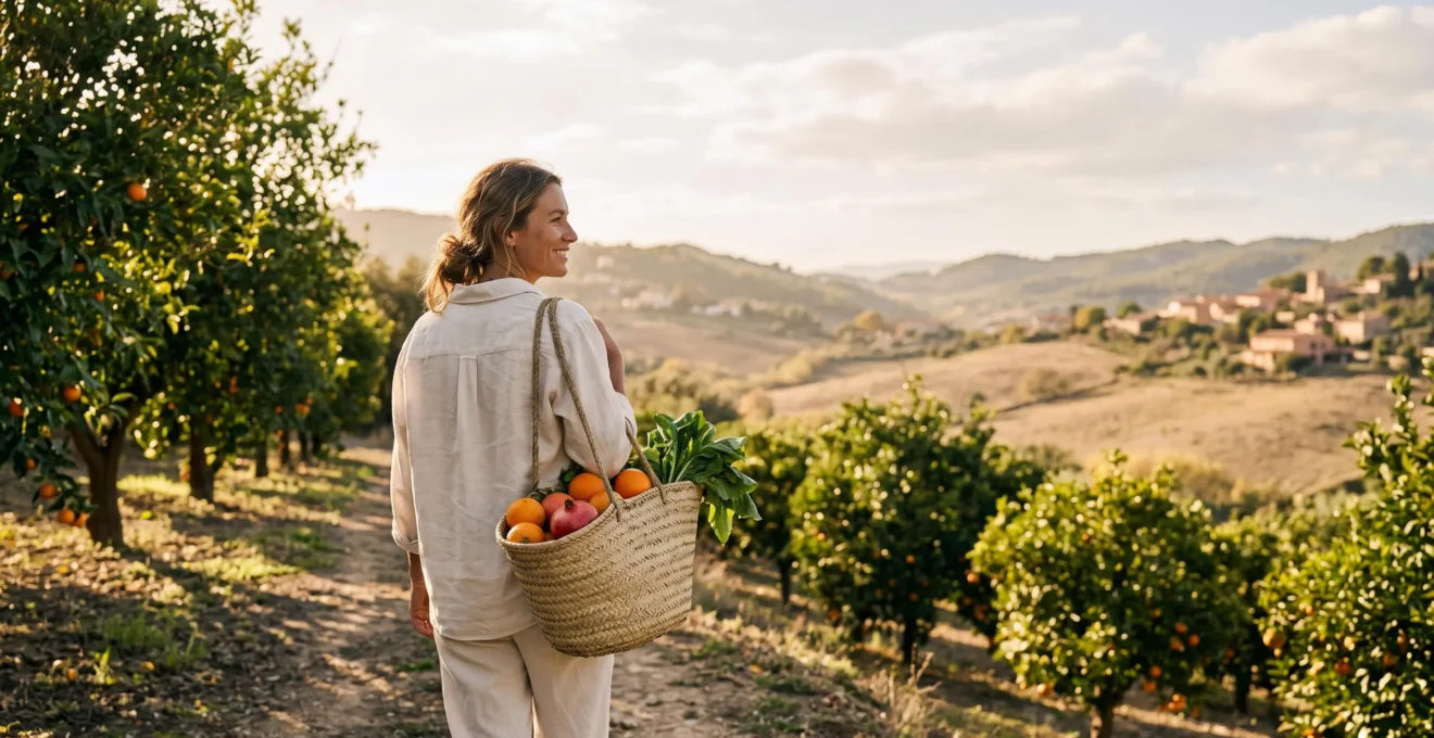 Traveler walking through a sun-drenched Mediterranean orchard carrying a wicker basket of freshly picked seasonal produce at golden hour