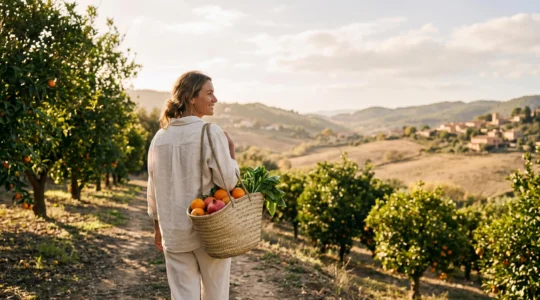 Traveler walking through a sun-drenched Mediterranean orchard carrying a wicker basket of freshly picked seasonal produce at golden hour