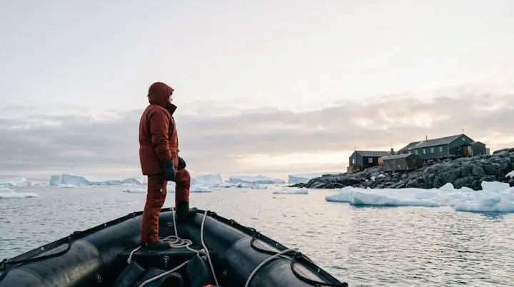 A polar traveler in red expedition gear approaches a cluster of colorful research station buildings on an icy Antarctic bay