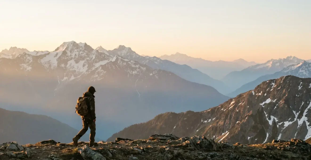 Solo trekker with a loaded backpack ascending a high-altitude mountain ridge at dawn, framed by vast negative space of sky and distant snow peaks