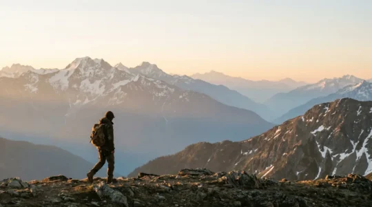 Solo trekker with a loaded backpack ascending a high-altitude mountain ridge at dawn, framed by vast negative space of sky and distant snow peaks
