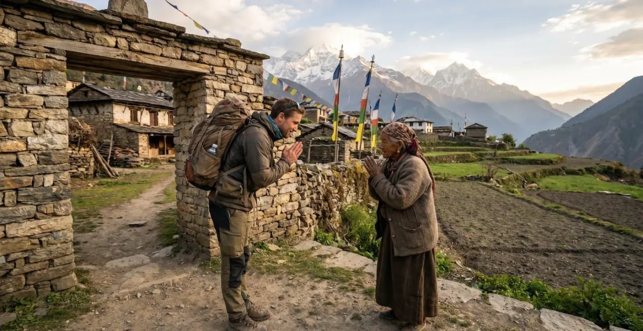 A trekker respectfully greeting a Himalayan village elder in front of a mountain hamlet, symbolizing cultural exchange during a trek.