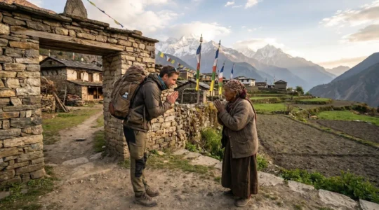 A trekker respectfully greeting a Himalayan village elder in front of a mountain hamlet, symbolizing cultural exchange during a trek.