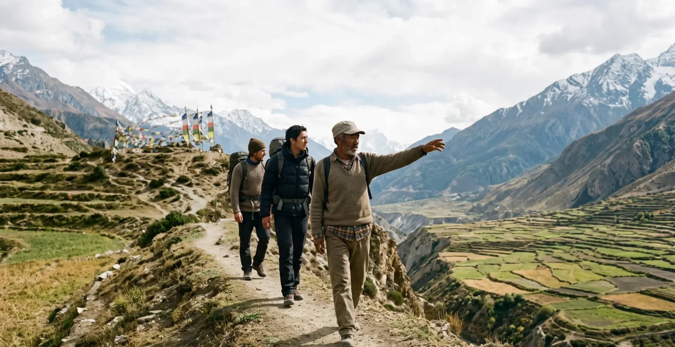 A local mountain guide walking ahead of a small group of trekkers on a remote trail, symbolizing trust and authentic local expertise