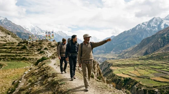 A local mountain guide walking ahead of a small group of trekkers on a remote trail, symbolizing trust and authentic local expertise