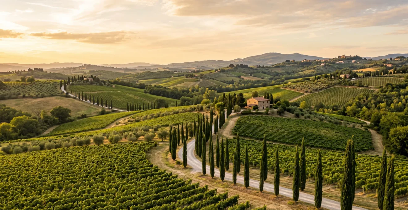 Rolling Tuscan hills with neat rows of grapevines and a winding road lined with tall cypress trees under warm golden hour light
