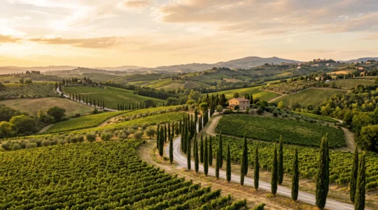Rolling Tuscan hills with neat rows of grapevines and a winding road lined with tall cypress trees under warm golden hour light