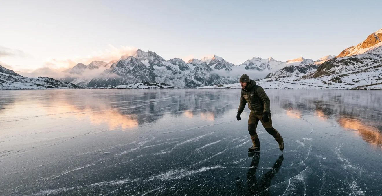 A lone ice skater gliding across a vast, glassy frozen alpine lake surrounded by snow-capped peaks at dawn