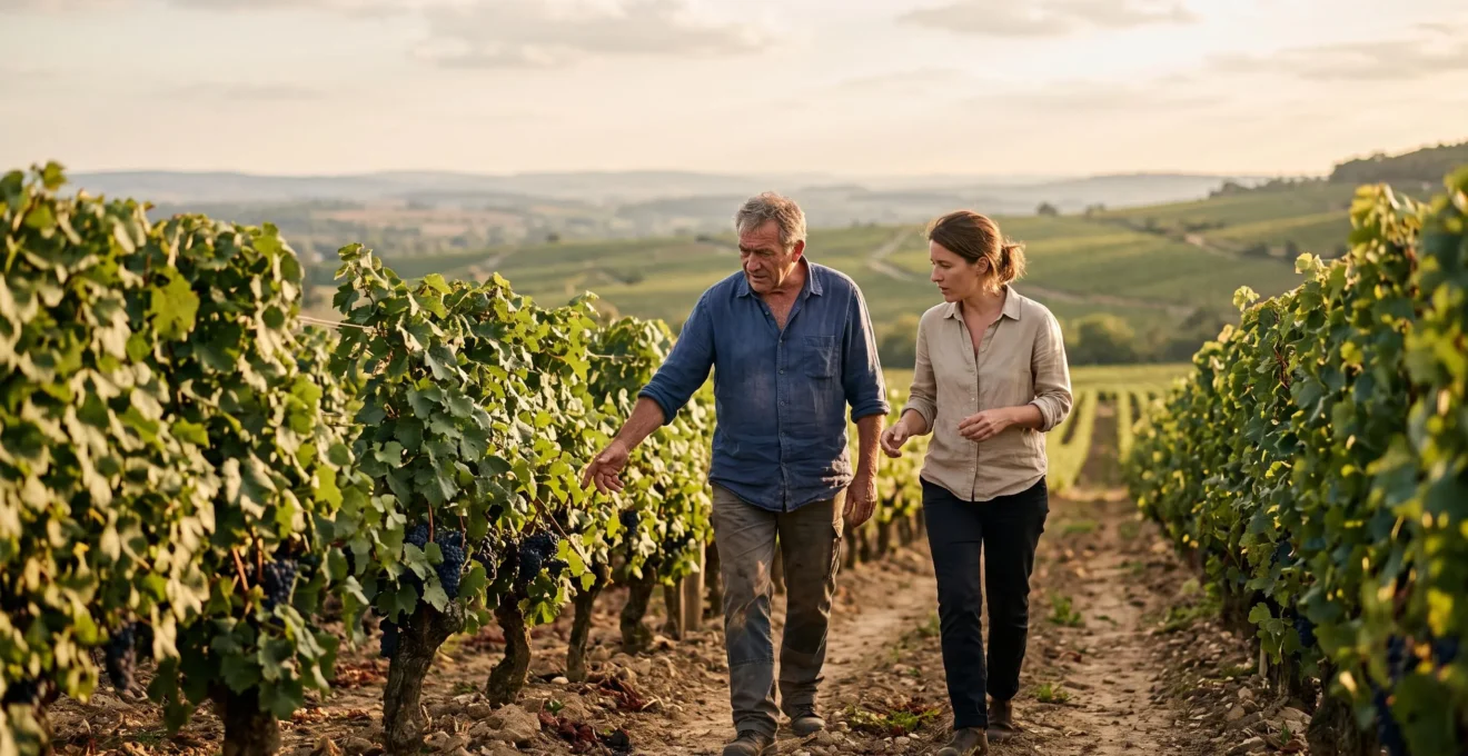 A winemaker walking a curious visitor through sunlit vineyard rows, gesturing toward the vines in an intimate educational moment