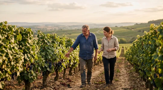 A winemaker walking a curious visitor through sunlit vineyard rows, gesturing toward the vines in an intimate educational moment
